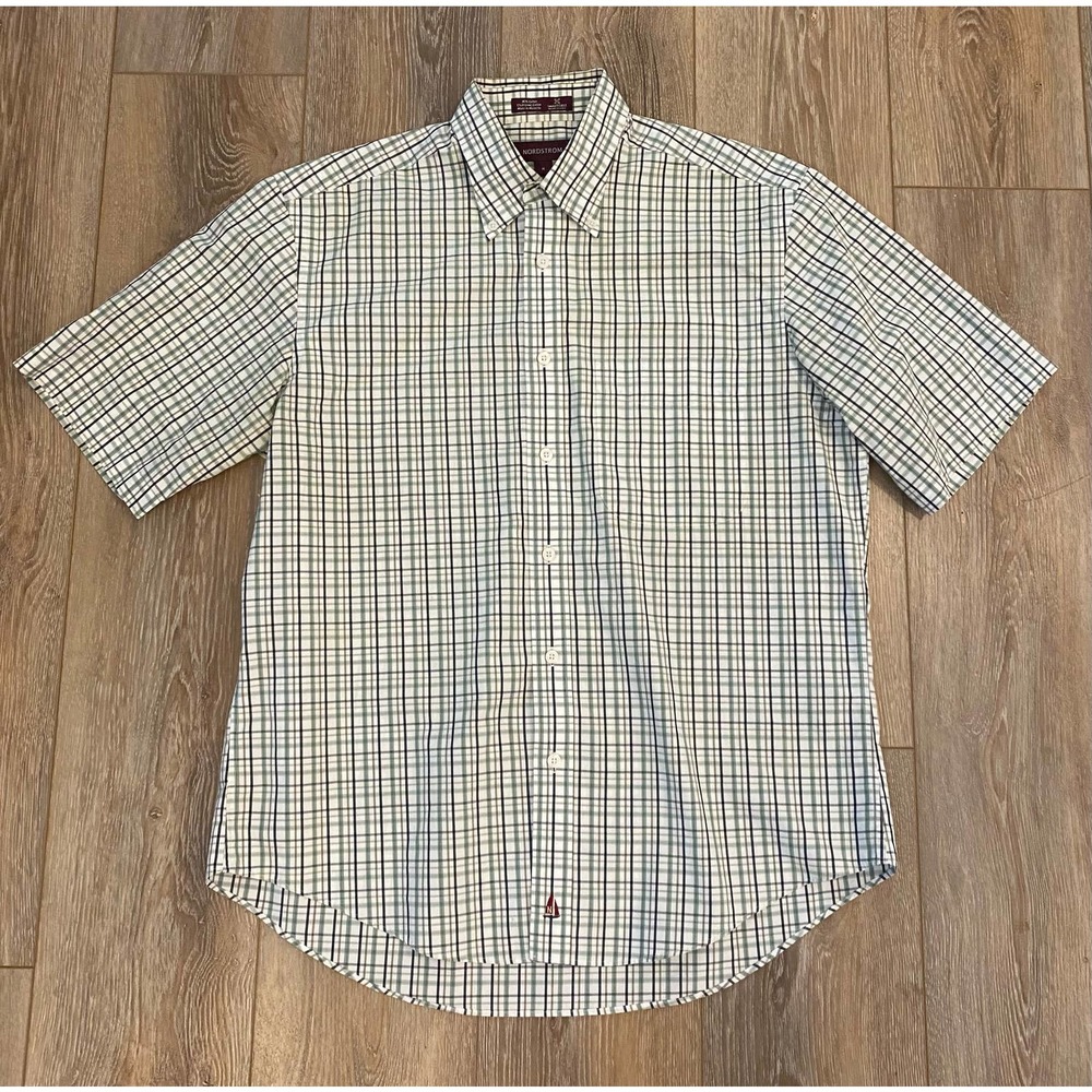 Nordstrom Mens Sz Medium Button Shirt Smart Care Wrinkle Free Blue Plaid